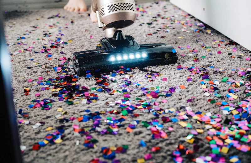 Cordless vacuum picking up confetti from a carpet